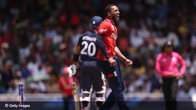 Chris Jordan celebrates taking a hat trick of wickets at the T20 World Cup 2024 vs USA