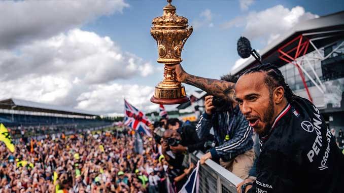 Lewis Hamilton celebrates winning his 9th British Grand Prix Win