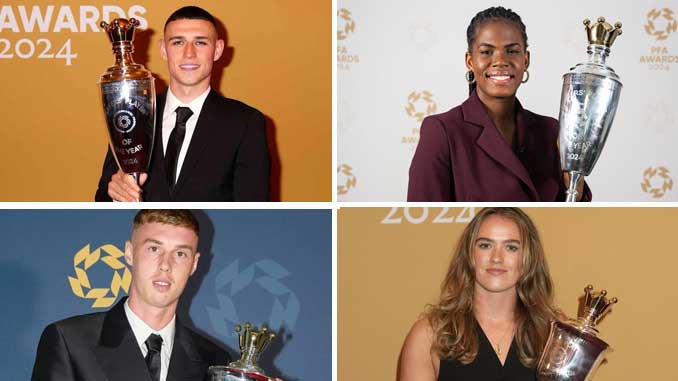 Winner of the PFA Awards 2023/24 season for Men (Phil Foden & Cole Palmer) and Women (Khadija Shaw & Grace Clinton)