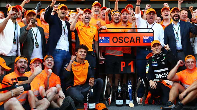 McLaren team celebrate winning Baku race and leading the Constructors Championship 2024