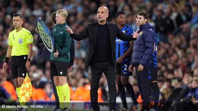 Pep Guardiola shows his frustration during draw between Manchester City vs Inter Milan in the Champions League 2024