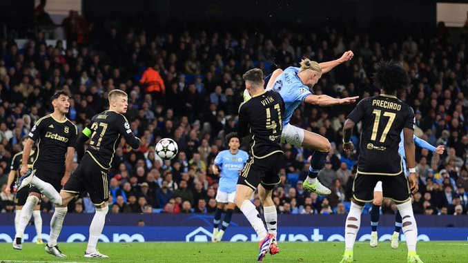 Erling Haaland with an acrobatic back-heel against Sparta Prague in 2024 Champions League