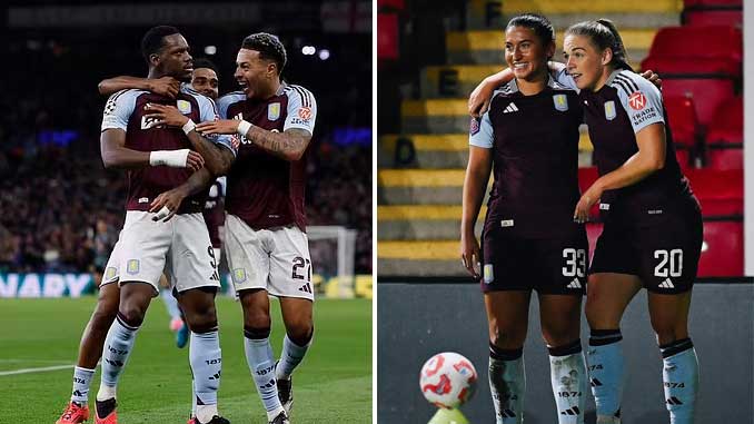 Jhon Duran celebrates scoring against Bayern Munich in UCL 2024 whilst Kirsty Hanson celebrates with Maz Pacheco for first goal against in Women's League Cup game