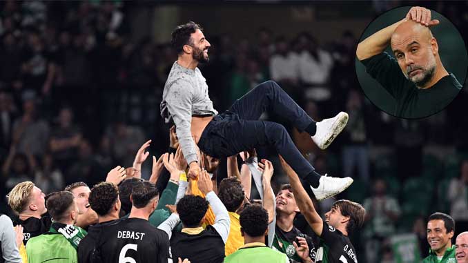 Sporting Lisbon players lift Rúben Amorim after defeating Manchester City in Champions League 2024