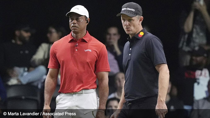 Tiger Woods and Justin Rose playing against each other during the Inaugural TMRW Golf League season