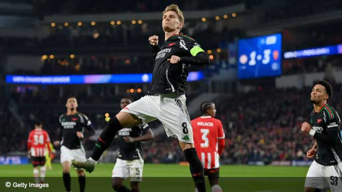 Martin Ødegaard celebrates scoring against PSV in the first leg of 2024/25 Champions League Last 16 Round