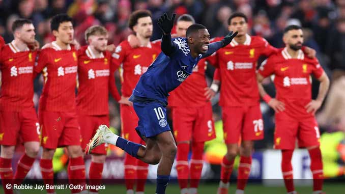 Ousmane Dembélé celebrates in front of Liverpool FC players after penalty shoot out win in 2024/25 Champions League Last 16 Round