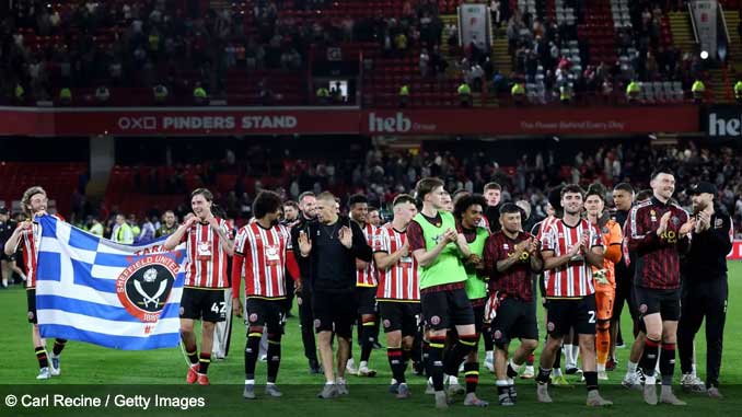 Sheffield United players applaud the fans after securing a spot in the 2025 EFL Championship Final