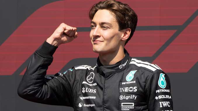 George Russell celebrates winning Formula 1 race