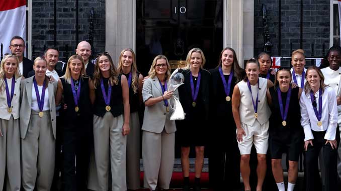 Member of the England Women's Team outside Downing Street