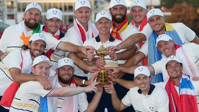 Team Europe celebrate winning the 2025 Ryder Cup