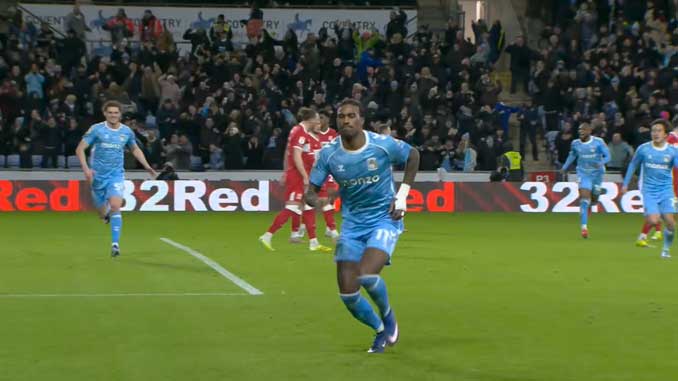 Haji Wright celebrates scoring his first goal of a hat-trick against Middlesbrough F.C. during the 2025-25 Championship season