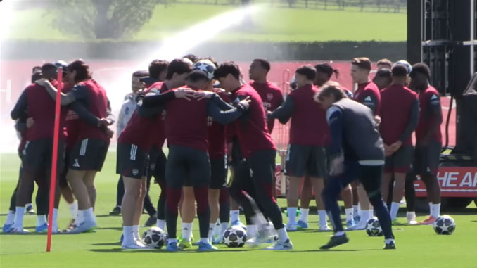 Arsenal players doing ball work during training in preparation of 2026 UEFA Champions League QF First Leg against Sporting Lisbon